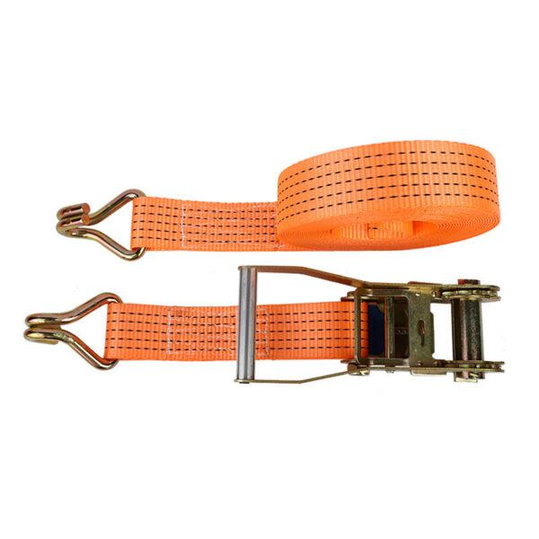 The 1.5" LC 1250kg orange ratchet strap features sturdy metal hooks, smooth ratcheting, and a polyester cover for easy use.