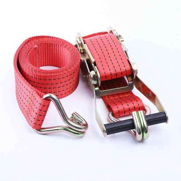 The 2" LC 2500kg Ergo Ratchet Strap, featuring metal hooks and a coiled red design.