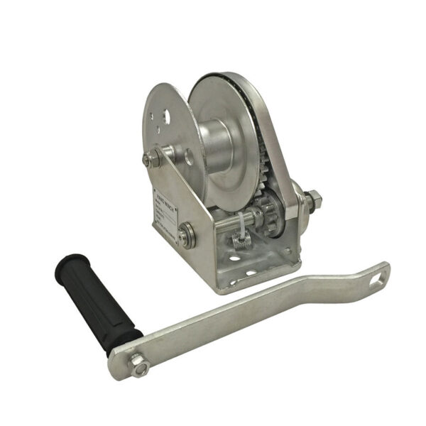 The Stainless Steel Hand Winch, with a black handle and gears, is perfect for lifting or pulling loads stylishly and durably.