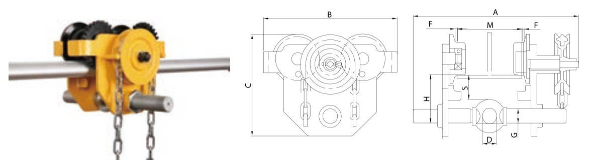 Manual chain hoist and its technical drawings.