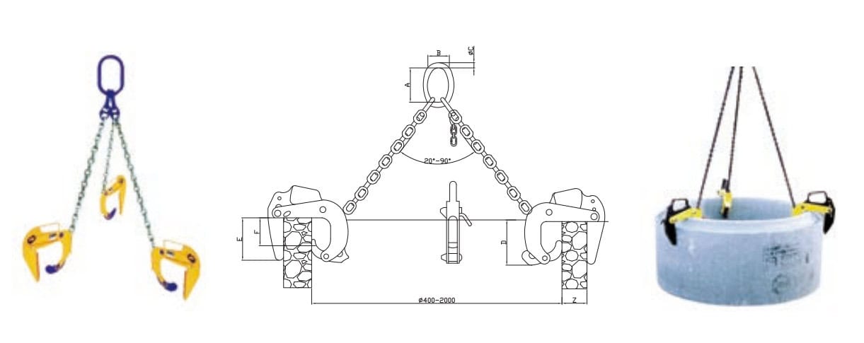 Adjustable lifting beam with clamps and schematic, alongside an example of a concrete pipe being lifted.