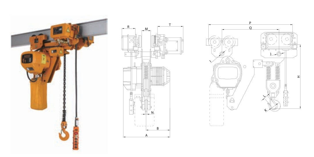 Electric chain hoist with technical schematics.