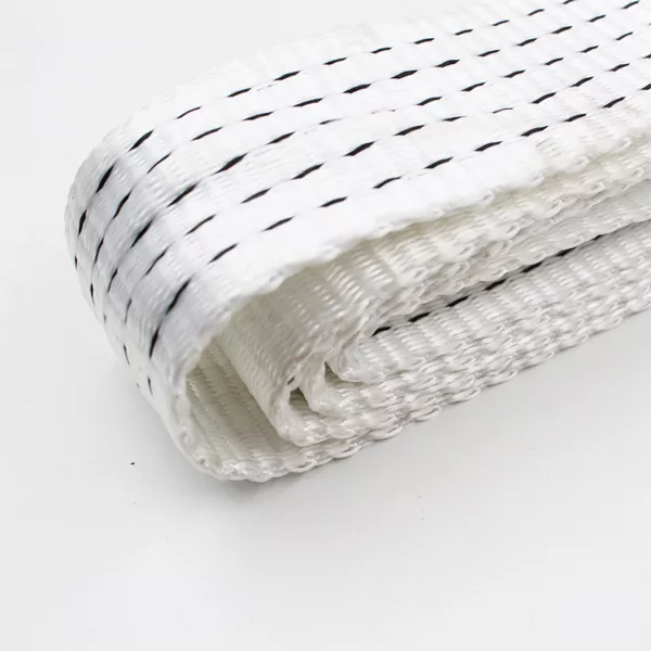 A rolled-up white 5T Endless Webbing Sling with black geometric patterns on a white background.