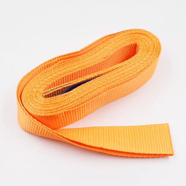 Sentence with Product Name: Orange flat nylon webbing coiled against a white background, designed as an Endless One Way Sling.