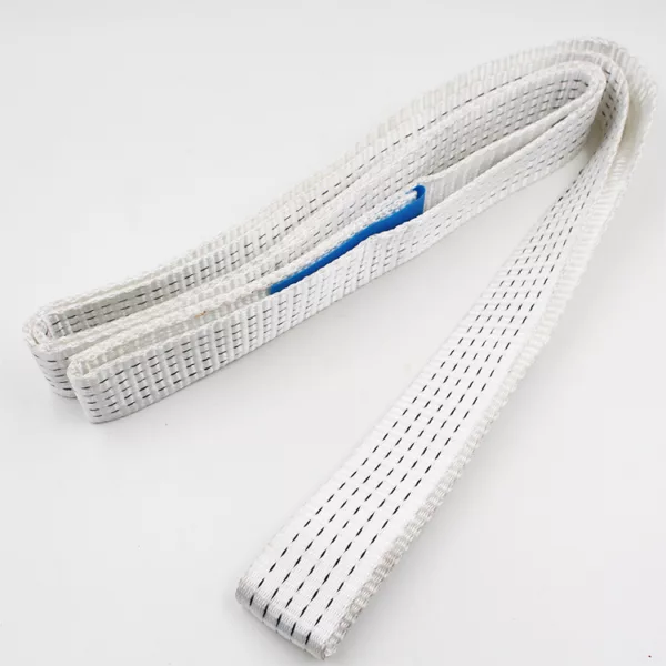 Endless wit geweven 5T Endless Webbing Sling met een blauwe streep op een witte achtergrond.