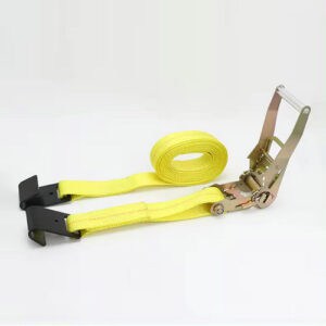 Cheap 2" LC 2500kg Flat Hook Ratchet Strap with a flat hook, laid out on a white background.