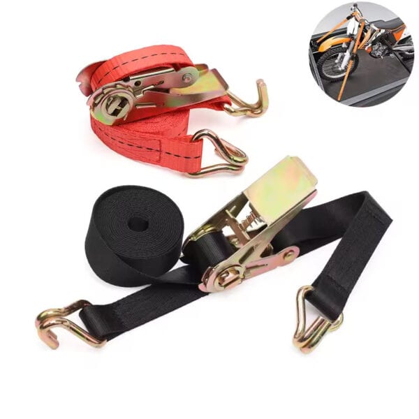 Three 1" LC 100% Polyester Flatbed Winch Straps With Flat Hooks, one red, one black ratchet strap, and one with a cam buckle, used for securing cargo, displayed with an inset image of a motorcycle.