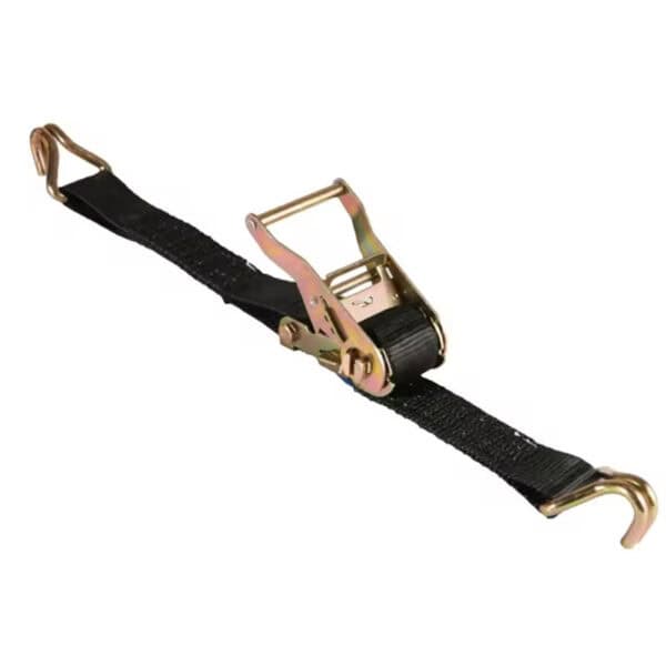 A black 1" LC 100% Polyester Flatbed Winch strap with a golden buckle and hook isolated on a white background.