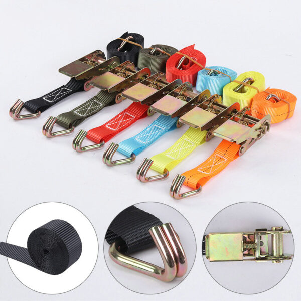 A set of seven 1-inch, 400kg tire ratchet straps with colorful straps, metal hooks, and buckles are displayed in a row.