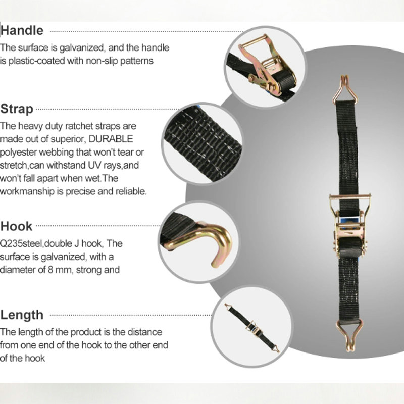 1" LC 400kg Tire Ratchet Strap diagram shows handle, strap, hook, and length. Highlights durability, quality materials, and reliable design.