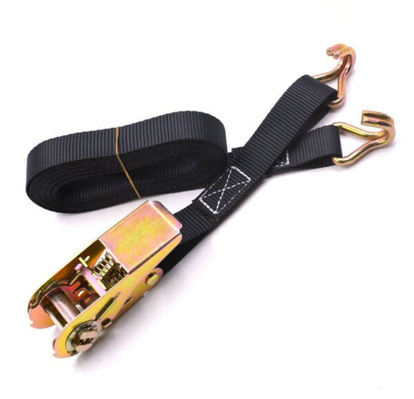 The 1" LC 400kg Tire Ratchet Strap has a sleek black design, strong metallic ratchet, and two durable hooks.