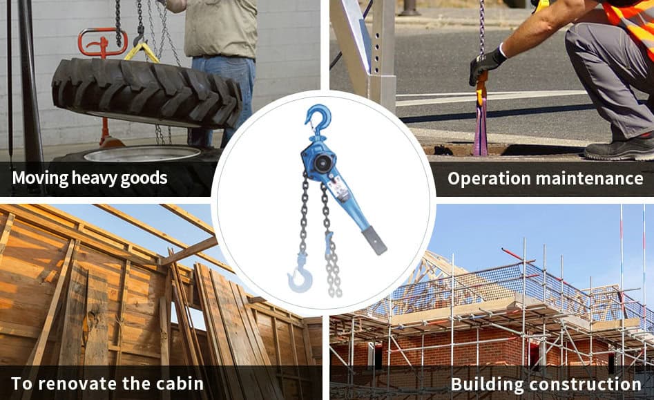 ملصقة تعرض رافعة السلسلة ذات الرافعة التي يبلغ وزنها 3 أطنان في مهام مختلفة: نقل البضائع، والصيانة، وتجديد المقصورة، والبناء.