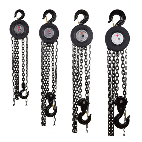 Four Manual Chain Block Hoists with varying load capacities and metal chains are displayed against a white background.