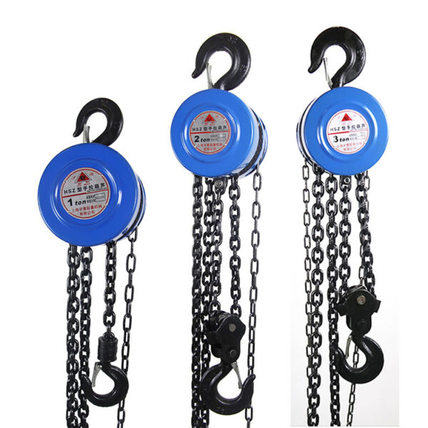 Three blue "Manual Chain Block Hoist" units, with black hooks, are available in 1-ton, 2-ton, and 3-ton capacities.