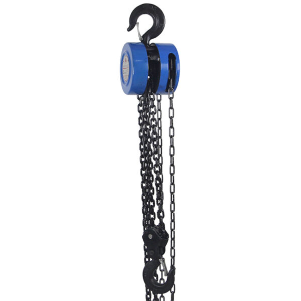 The blue and black Manual Chain Block Hoist features sturdy hooks and durable chains, perfect for heavy-duty tasks.