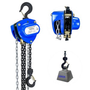 Hand Chain Hoist in blue/black, labeled "CHAIN BLOCK 1000KG," shown lifting a 2200 lbs weight.