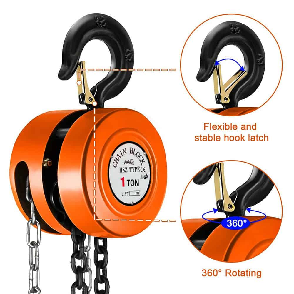 Close-up of orange Manual Chain Block Hoist with black 360° rotating hook latch, 1-ton capacity, flexible and stable.