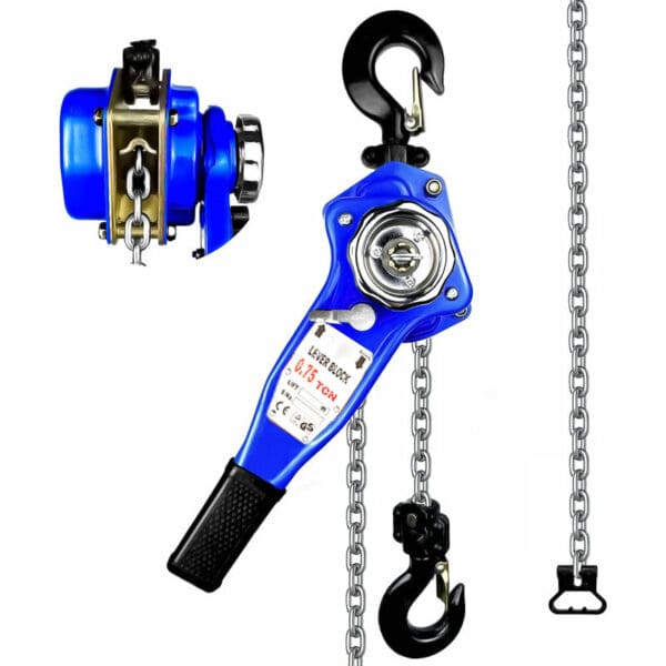 Blue 6 Ton Lever Hoist with hook, chain, and gears, shown from various angles on white background.