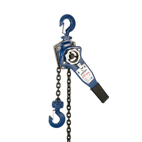 The 3/4 Ton Chain Come Along has a blue body, black rubber handle, and a chain with hooks for lifting and securing up to 3/4 ton.