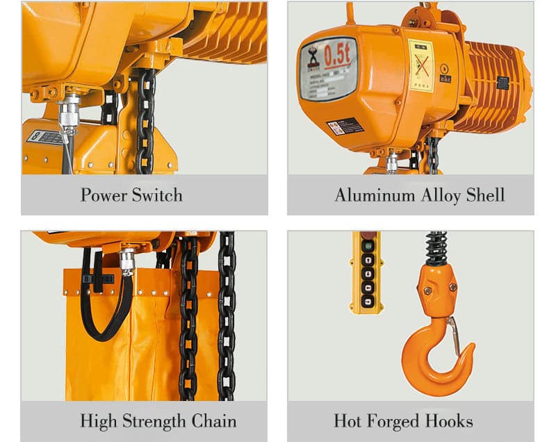 A collage of four images showcasing an Electric Lifting Hoist: power switch, aluminum shell, high-strength chain, and hot-forged hooks.