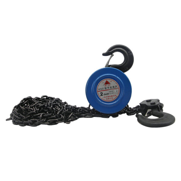 Blue 2-ton manual lift hoist with black hook and coiled chain.