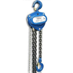 The Manual Chain Fall has a 1000 kg capacity, a blue hook, and a labeled mechanical chain block.