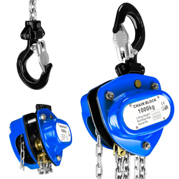 Close-up of a blue Hand Chain Hoist with metal chains, a black hook, labeled 1000kg.