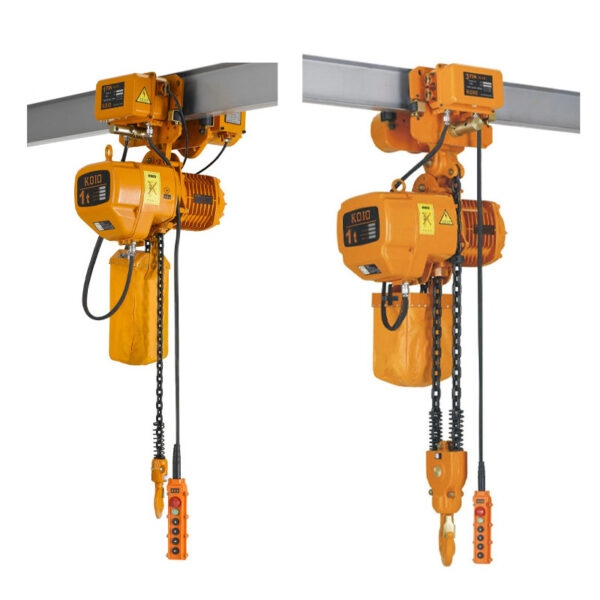 Two orange electric chain fall hoists mounted on a beam with controls hanging below.