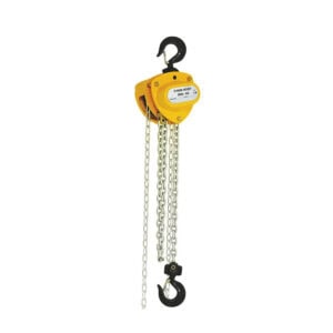 The ZHC-A Manual Chain Hoist is a yellow chain hoist with metal chains and two hooks for easy heavy lifting.