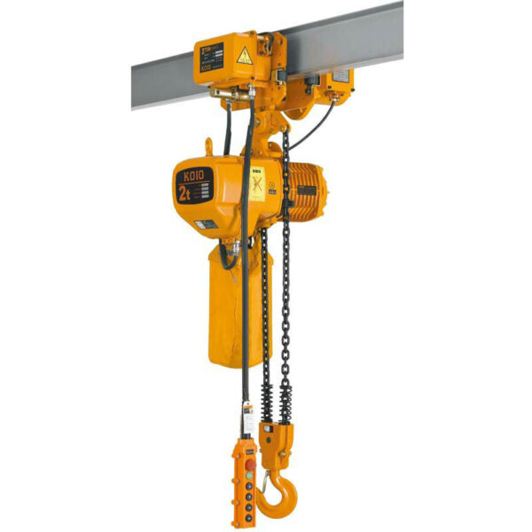 The 2-ton Electric Chain Fall Hoist is beam-mounted with an orange hook and a yellow easy-use control panel.