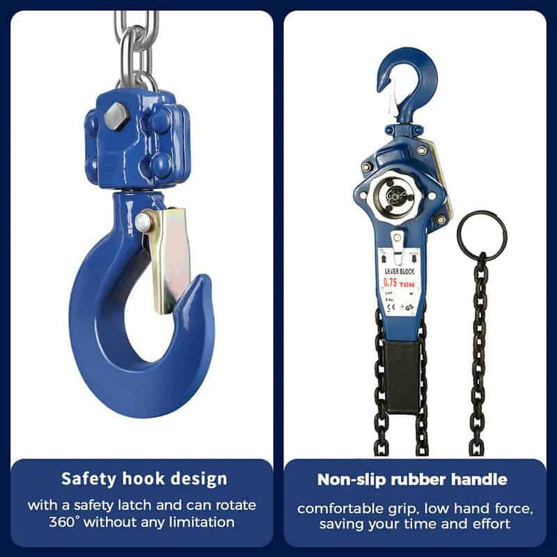 The 6 Ton Lever Hoist has two hooks: a left one with a safety latch and 360° rotation, and a right one with a non-slip handle for comfort.