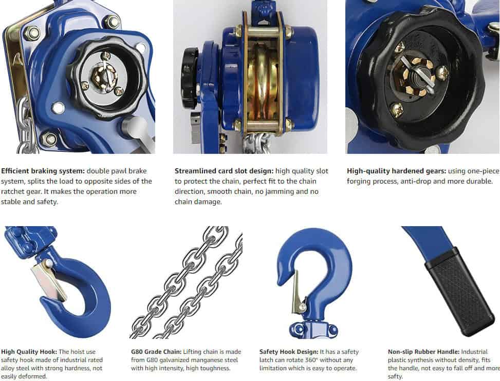 A collage of 3 Ton Lever Chain Hoist parts: double pawl brake, card slot design, hardened gears, hooks, chains, and rubber handle.