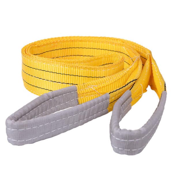 A yellow lifting tow strap with grey reinforced loops at both ends, neatly coiled.