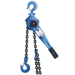 The blue Mini Lever Hoist, with top and bottom hooks and black chains, operates like a small lever hoist for lifting tasks.