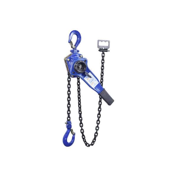 A blue 1/4 Ton Mini Chain Hoist with hooks on each end of a black chain, designed for lifting and pulling heavy loads.