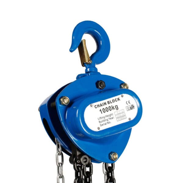 A blue Hand Chain Hoist with hook, lifts up to 1000 kg. Features label showing capacity, safety certifications, and serial number.