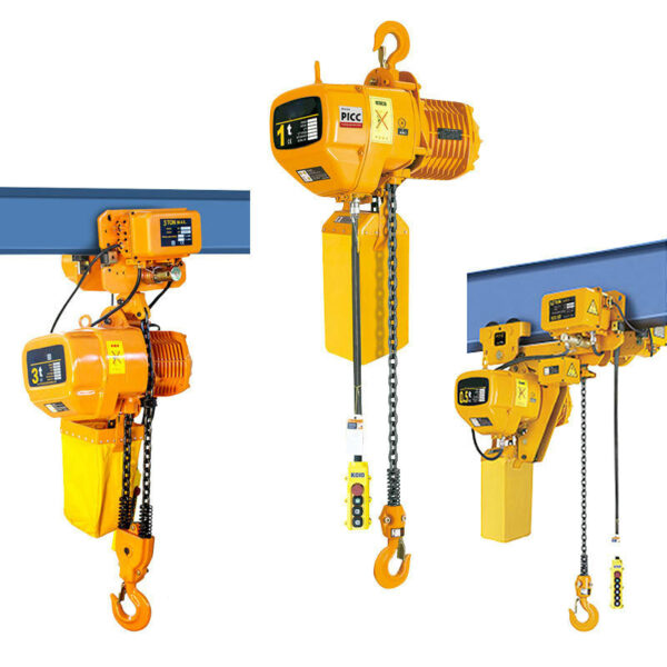 Three yellow electric chain pulley blocks with chains and hooks hang from blue beams, showcasing different models and control panels.