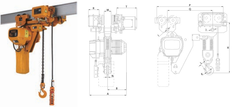 The Electric Lifting Hoist is vibrantly displayed with detailed technical drawings showing its dimensions.