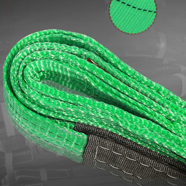 A coiled green 2T Polyester Flat Webbing Sling with reinforced stitching on a grey background. Inset shows close-up of robust stitching.