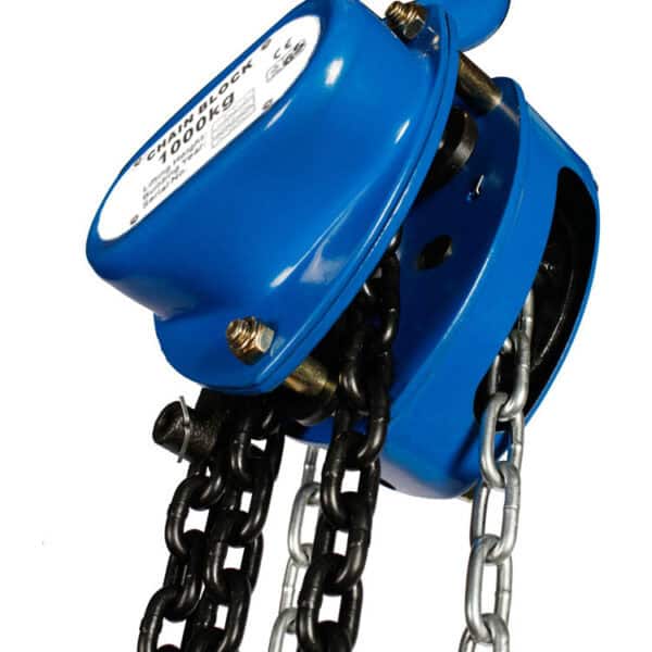 Close-up of a blue Hand Chain Hoist with black and silver chains.