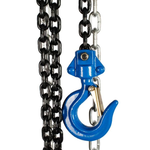 Close-up of a blue Manual Lever Chain Hoist with black chains and a silver chain in the background.