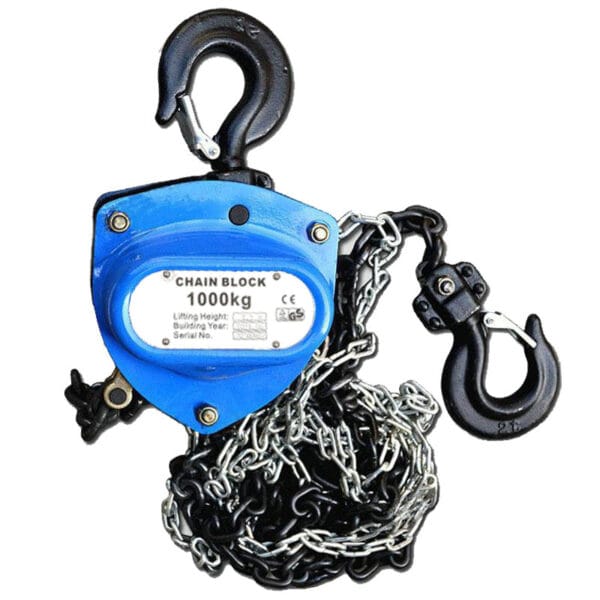 Introducing the Manual Chain Fall, a 1000kg blue chain block with a durable lifting hook and chain. Ideal for heavy-duty tasks.