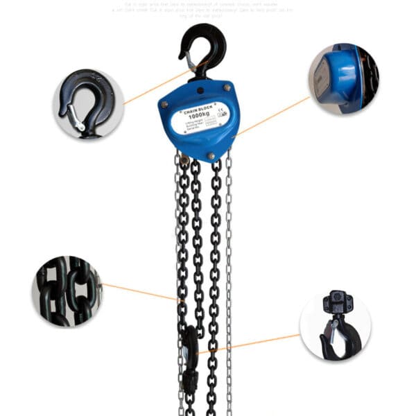 A blue ZHC-A Manual Chain Fall, 1000 kg capacity, with close-up views of the hook, chains, and block.