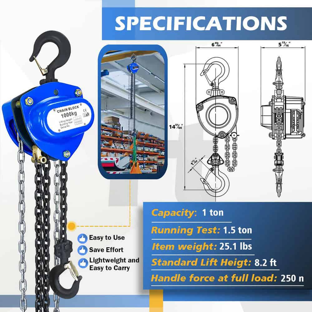 Hand Chain Hoist: 1-ton capacity, 1.5-ton test, 25.1 lbs, 8.2 ft lift, 250 N handle force. Easy to use, lightweight, and portable design.