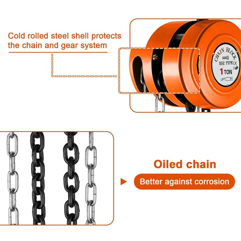 The Manual Chain Block Hoist, with a 1-ton capacity and cold-rolled steel shell, features an oiled chain for enhanced corrosion resistance.