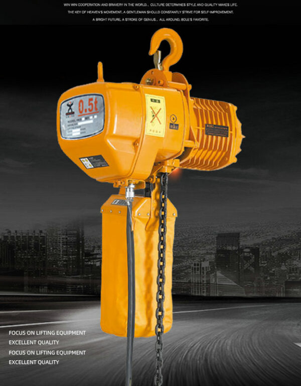 The 0.5-ton Electric Hoist, in yellow, hangs against a city backdrop. Text: "Focus on lifting equipment, excellent quality.