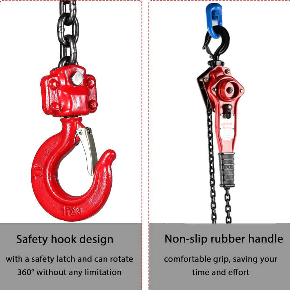 Side-by-side image: Left shows a red 360° rotating safety hook with latch. Right shows a 1.5 Ton Chain Hoist with non-slip rubber handle and chain.