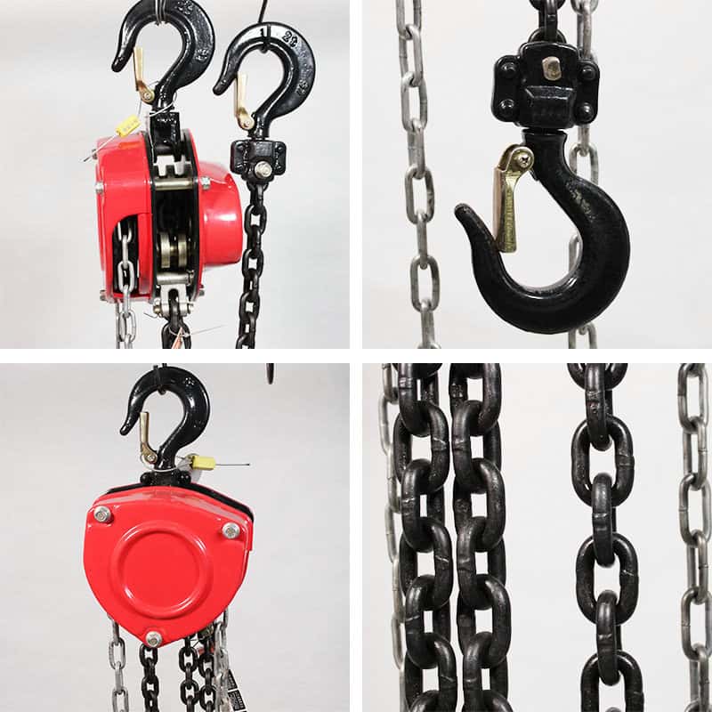 Collage of close-ups of a red and black 1 Ton Manual Chain Hoist, featuring hooks, chains, and pulley.