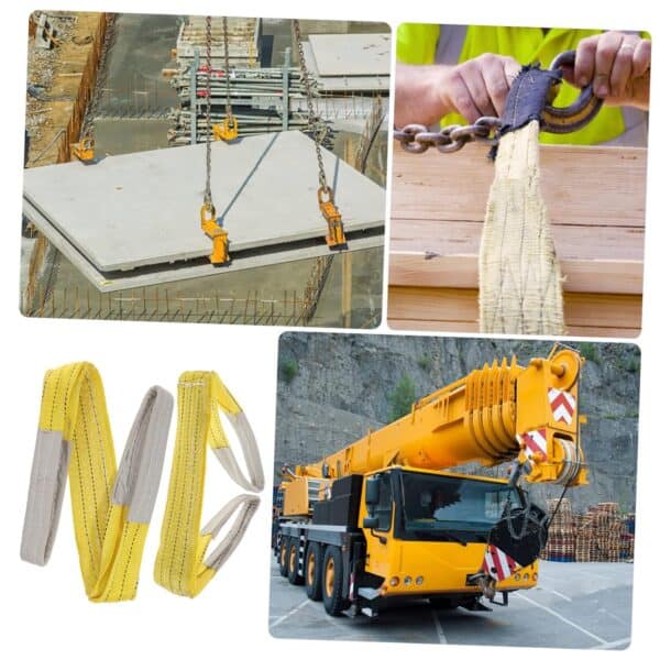 Images show a crane lifting cement slabs, a person securing straps with chains, yellow Web Slings folded, and a mobile crane on-site.