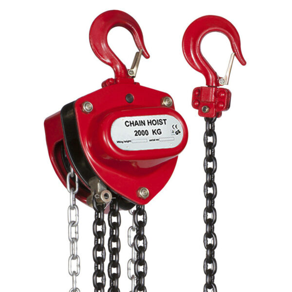 A red 2000 KG Hand Chain Hoist with two hooks on a white background.